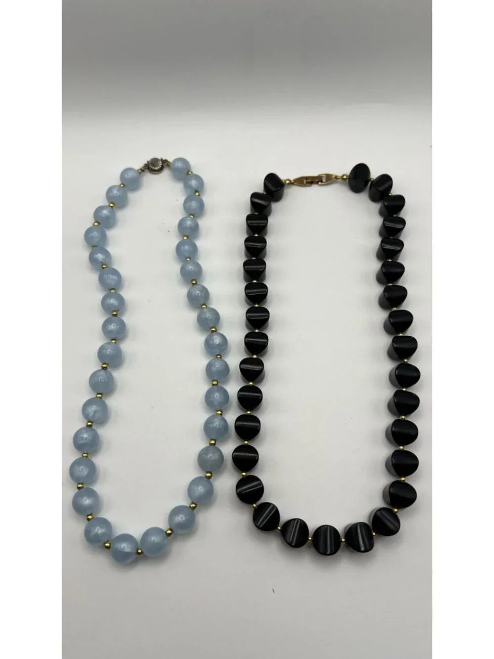 Set Of Vintage Blue & Black Beaded Necklaces With Gold Tone Accents & Secure Cla